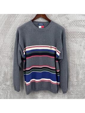 Tommy Hilfiger Sweater Mens Large Gray Striped Cotton Crewneck Crest Pullover
